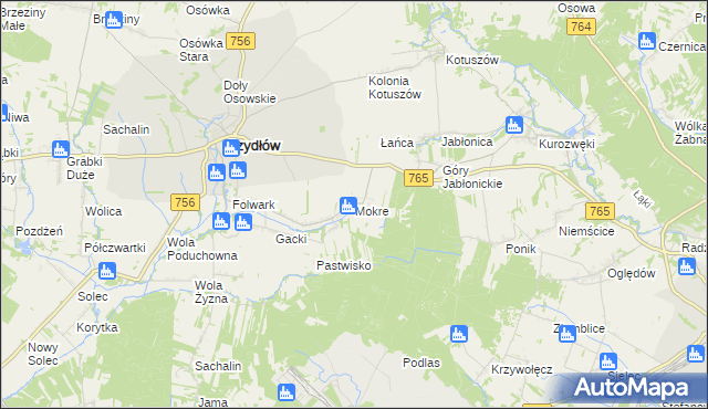 mapa Mokre gmina Szydłów, Mokre gmina Szydłów na mapie Targeo