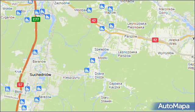 mapa Mostki gmina Suchedniów, Mostki gmina Suchedniów na mapie Targeo