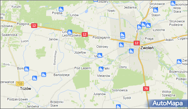 mapa Mostki gmina Zwoleń, Mostki gmina Zwoleń na mapie Targeo