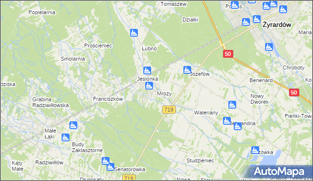 mapa Mrozy gmina Puszcza Mariańska, Mrozy gmina Puszcza Mariańska na mapie Targeo