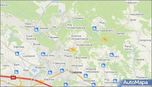mapa Myślachowice, Myślachowice na mapie Targeo