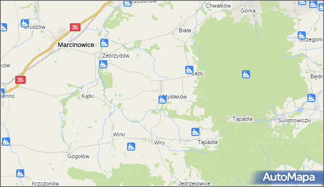 mapa Mysłaków gmina Marcinowice, Mysłaków gmina Marcinowice na mapie Targeo