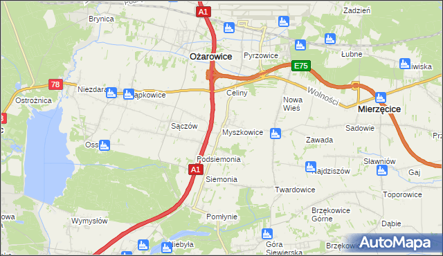 mapa Myszkowice gmina Bobrowniki, Myszkowice gmina Bobrowniki na mapie Targeo