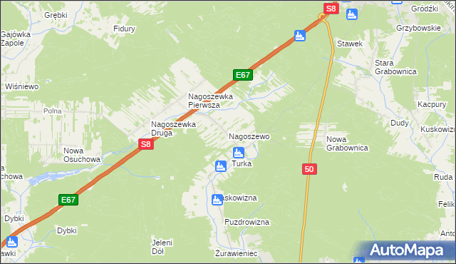 mapa Nagoszewo gmina Ostrów Mazowiecka, Nagoszewo gmina Ostrów Mazowiecka na mapie Targeo