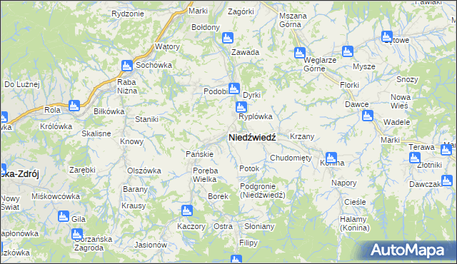mapa Niedźwiedź powiat limanowski, Niedźwiedź powiat limanowski na mapie Targeo