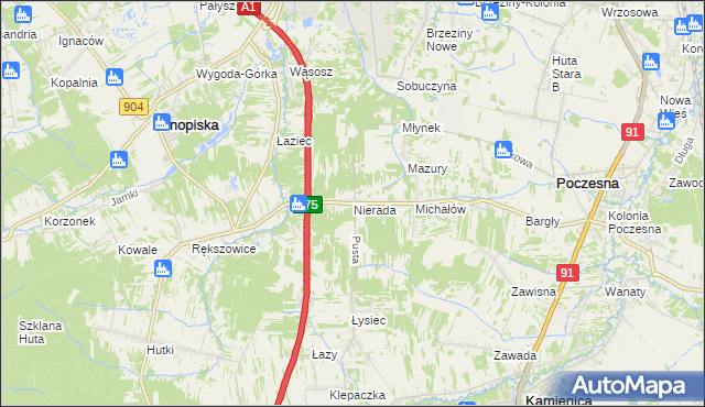 mapa Nierada gmina Poczesna, Nierada gmina Poczesna na mapie Targeo