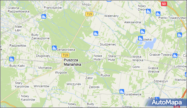 mapa Nowa Huta gmina Puszcza Mariańska, Nowa Huta gmina Puszcza Mariańska na mapie Targeo
