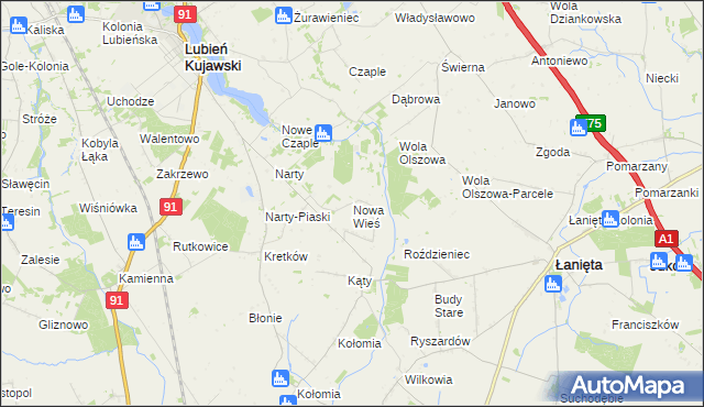 mapa Nowa Wieś gmina Lubień Kujawski, Nowa Wieś gmina Lubień Kujawski na mapie Targeo