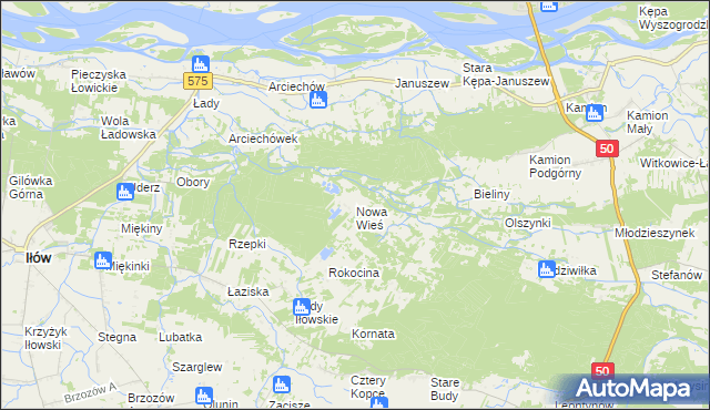 mapa Nowa Wieś gmina Młodzieszyn, Nowa Wieś gmina Młodzieszyn na mapie Targeo