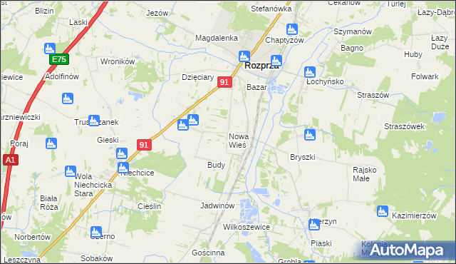 mapa Nowa Wieś gmina Rozprza, Nowa Wieś gmina Rozprza na mapie Targeo