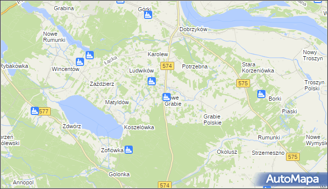 mapa Nowe Grabie gmina Gąbin, Nowe Grabie gmina Gąbin na mapie Targeo