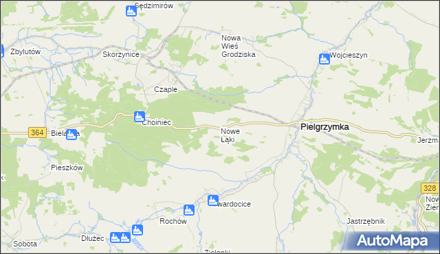 mapa Nowe Łąki gmina Pielgrzymka, Nowe Łąki gmina Pielgrzymka na mapie Targeo