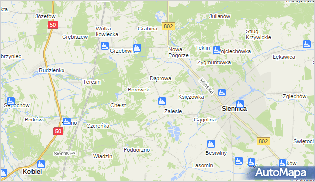 mapa Nowe Zalesie gmina Siennica, Nowe Zalesie gmina Siennica na mapie Targeo