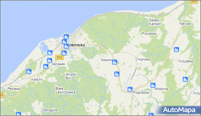 mapa Nowinka gmina Tolkmicko, Nowinka gmina Tolkmicko na mapie Targeo