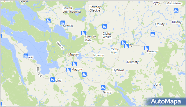 mapa Nowiny gmina Świętajno, Nowiny gmina Świętajno na mapie Targeo