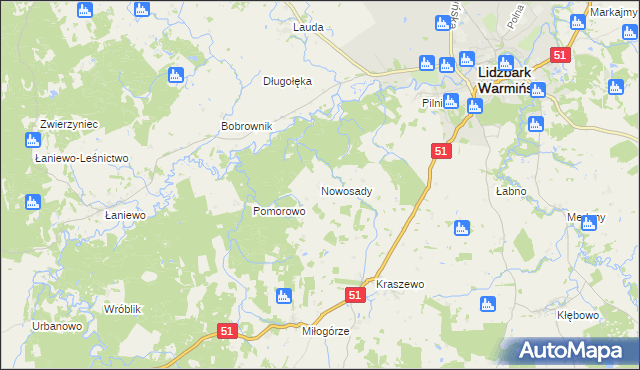 mapa Nowosady gmina Lidzbark Warmiński, Nowosady gmina Lidzbark Warmiński na mapie Targeo