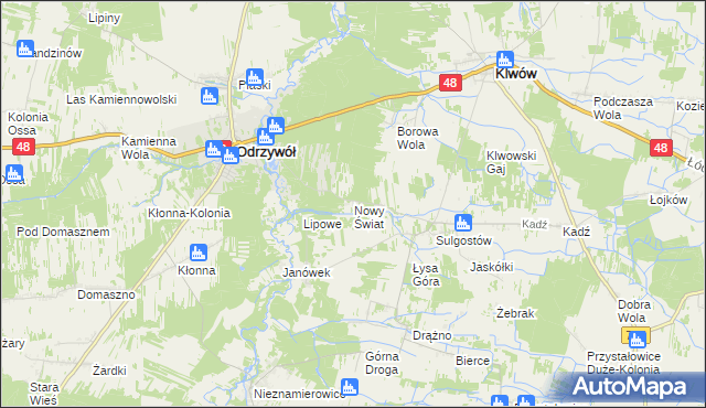 mapa Nowy Świat gmina Klwów, Nowy Świat gmina Klwów na mapie Targeo