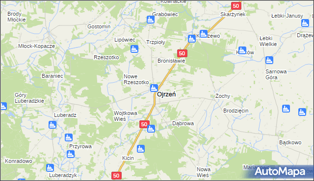 mapa Ojrzeń powiat ciechanowski, Ojrzeń powiat ciechanowski na mapie Targeo