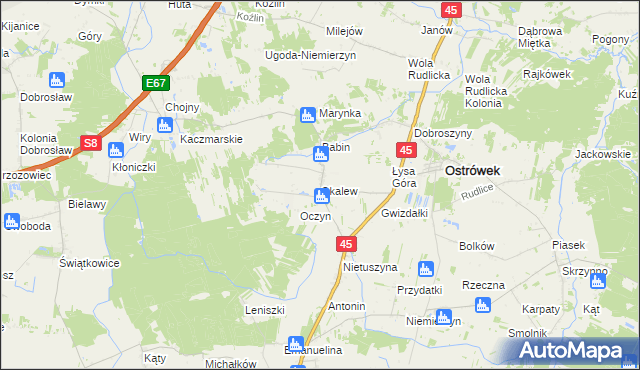 mapa Okalew gmina Ostrówek, Okalew gmina Ostrówek na mapie Targeo