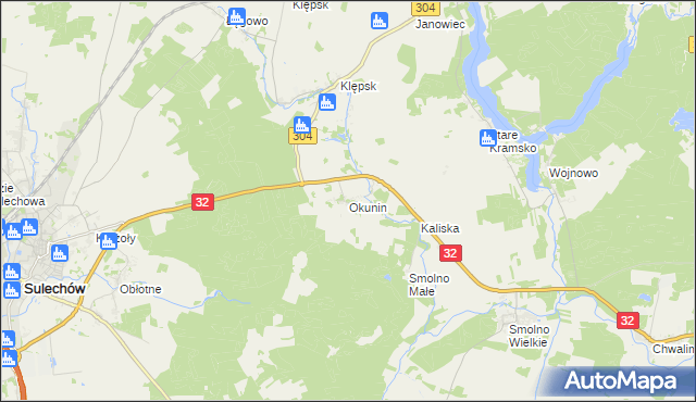 mapa Okunin gmina Sulechów, Okunin gmina Sulechów na mapie Targeo
