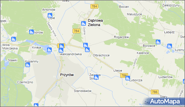 mapa Olbrachcice gmina Dąbrowa Zielona, Olbrachcice gmina Dąbrowa Zielona na mapie Targeo