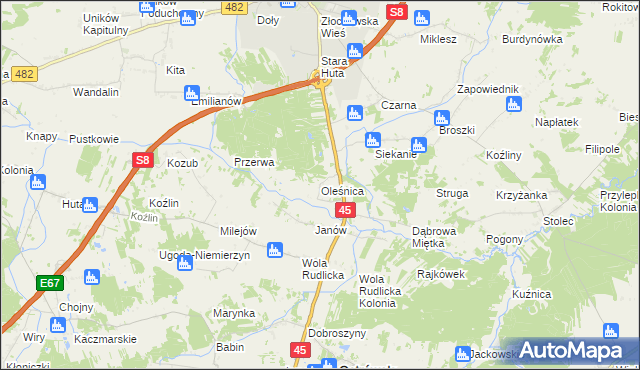 mapa Oleśnica gmina Ostrówek, Oleśnica gmina Ostrówek na mapie Targeo