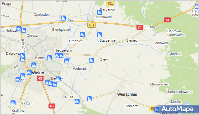 mapa Olewin gmina Wieluń, Olewin gmina Wieluń na mapie Targeo