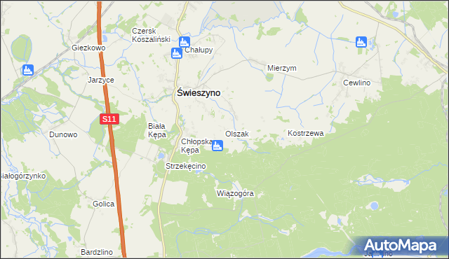 mapa Olszak gmina Świeszyno, Olszak gmina Świeszyno na mapie Targeo