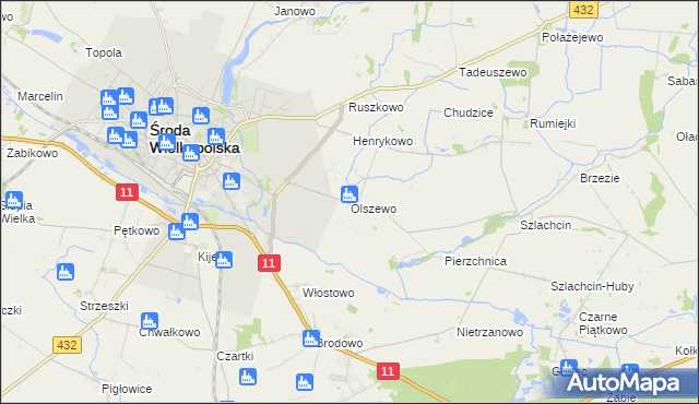 mapa Olszewo gmina Środa Wielkopolska, Olszewo gmina Środa Wielkopolska na mapie Targeo