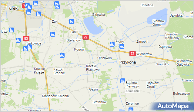 mapa Olszówka gmina Przykona, Olszówka gmina Przykona na mapie Targeo