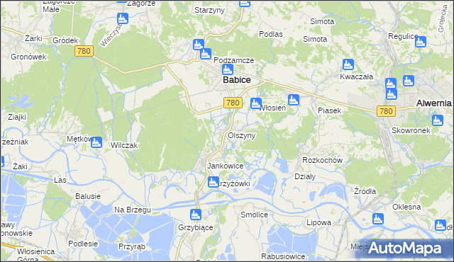 mapa Olszyny gmina Babice, Olszyny gmina Babice na mapie Targeo