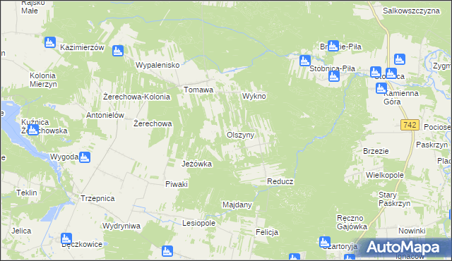 mapa Olszyny gmina Łęki Szlacheckie, Olszyny gmina Łęki Szlacheckie na mapie Targeo