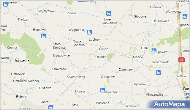 mapa Opiesin gmina Daszyna, Opiesin gmina Daszyna na mapie Targeo