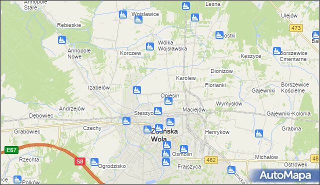 mapa Opiesin gmina Zduńska Wola, Opiesin gmina Zduńska Wola na mapie Targeo