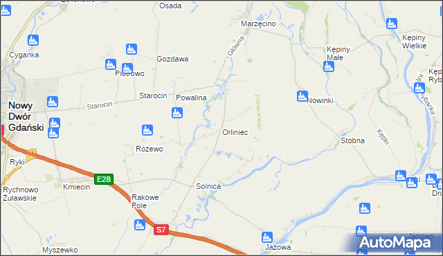 mapa Orliniec gmina Nowy Dwór Gdański, Orliniec gmina Nowy Dwór Gdański na mapie Targeo