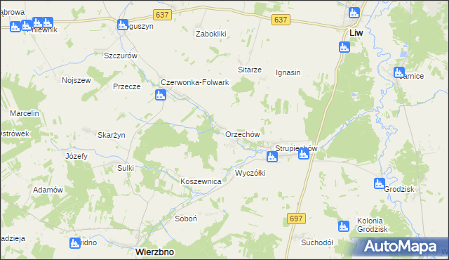 mapa Orzechów gmina Wierzbno, Orzechów gmina Wierzbno na mapie Targeo