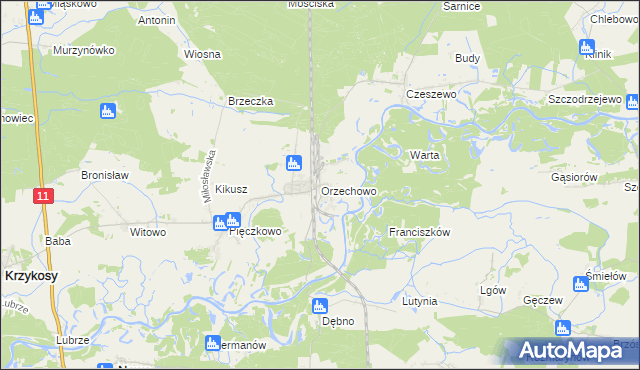 mapa Orzechowo gmina Miłosław, Orzechowo gmina Miłosław na mapie Targeo