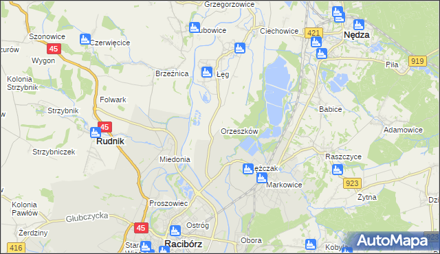 mapa Orzeszków gmina Nędza, Orzeszków gmina Nędza na mapie Targeo