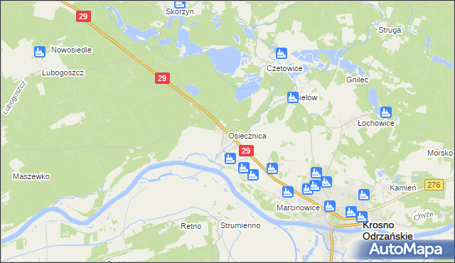 mapa Osiecznica gmina Krosno Odrzańskie, Osiecznica gmina Krosno Odrzańskie na mapie Targeo