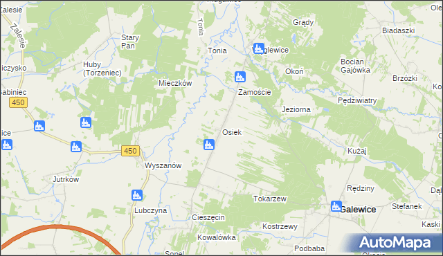 mapa Osiek gmina Galewice, Osiek gmina Galewice na mapie Targeo