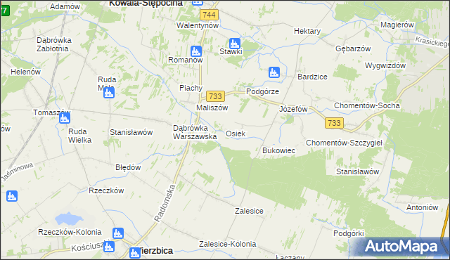 mapa Osiek gmina Kowala, Osiek gmina Kowala na mapie Targeo