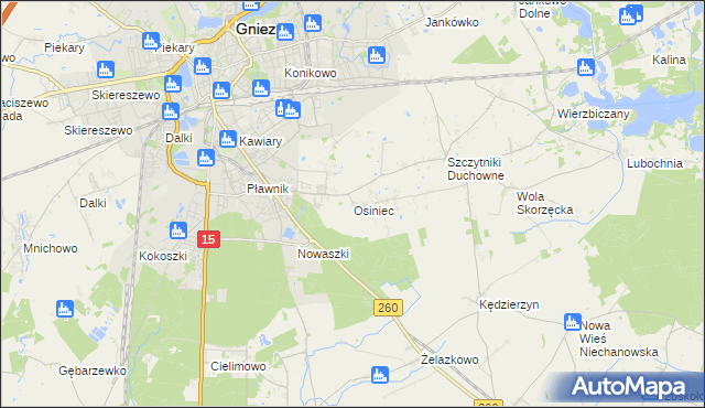 mapa Osiniec gmina Gniezno, Osiniec gmina Gniezno na mapie Targeo