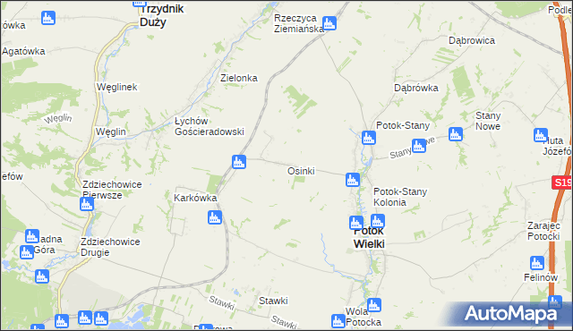 mapa Osinki gmina Potok Wielki, Osinki gmina Potok Wielki na mapie Targeo