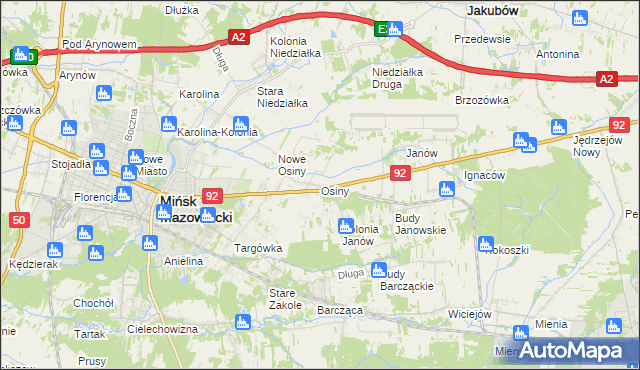 mapa Osiny gmina Mińsk Mazowiecki, Osiny gmina Mińsk Mazowiecki na mapie Targeo