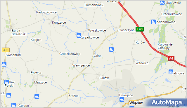 mapa Ośno gmina Wiązów, Ośno gmina Wiązów na mapie Targeo