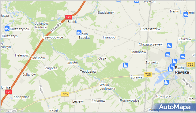 mapa Ossa gmina Biała Rawska, Ossa gmina Biała Rawska na mapie Targeo