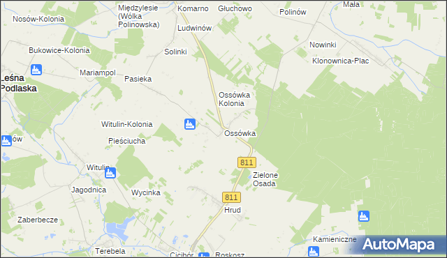 mapa Ossówka gmina Leśna Podlaska, Ossówka gmina Leśna Podlaska na mapie Targeo