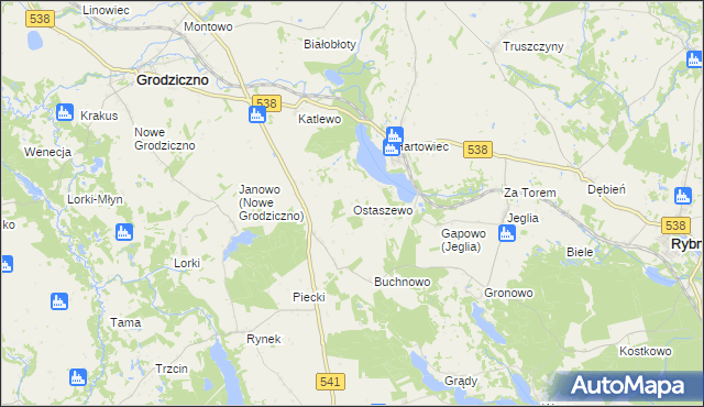mapa Ostaszewo gmina Grodziczno, Ostaszewo gmina Grodziczno na mapie Targeo