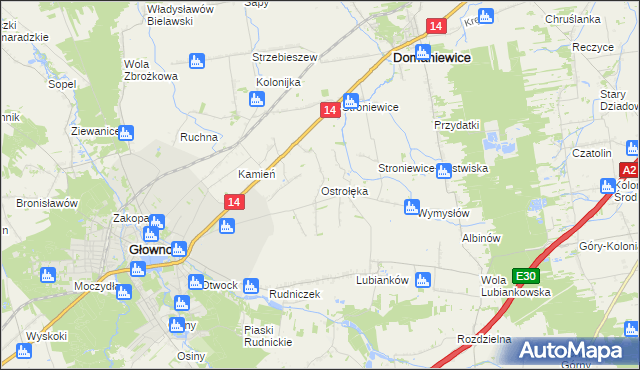 mapa Ostrołęka gmina Głowno, Ostrołęka gmina Głowno na mapie Targeo