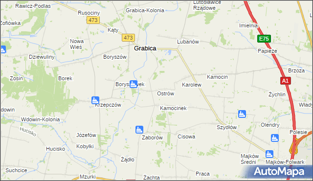 mapa Ostrów gmina Grabica, Ostrów gmina Grabica na mapie Targeo